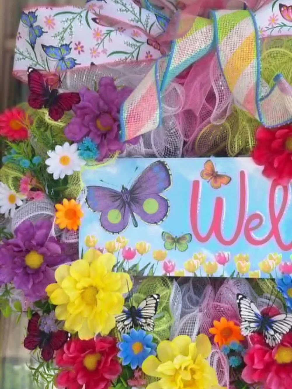 Handmade mesh ribbon floral wreath